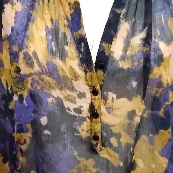 UO Staring at the Stars Boho Brown Smokey Abstrsct Pleated Cuffed Sleeves Top - Picture 3 of 13